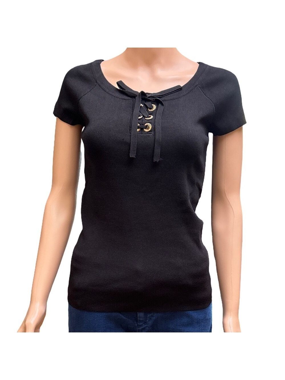 INC International Concepts Deep Black Vivid Lace-Up Short Sleeve Tee XS NWT